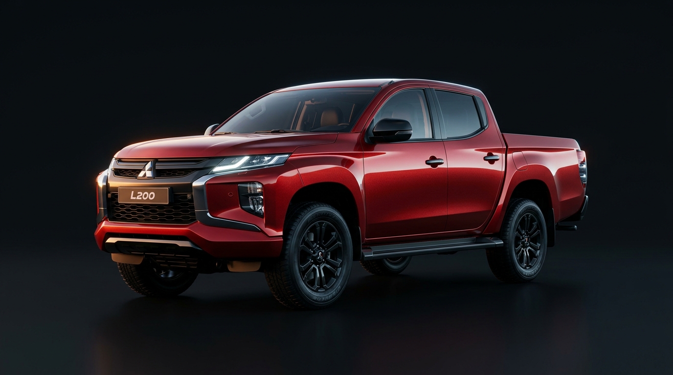 Mitsubishi L200 pickup in metallic red studio lighting